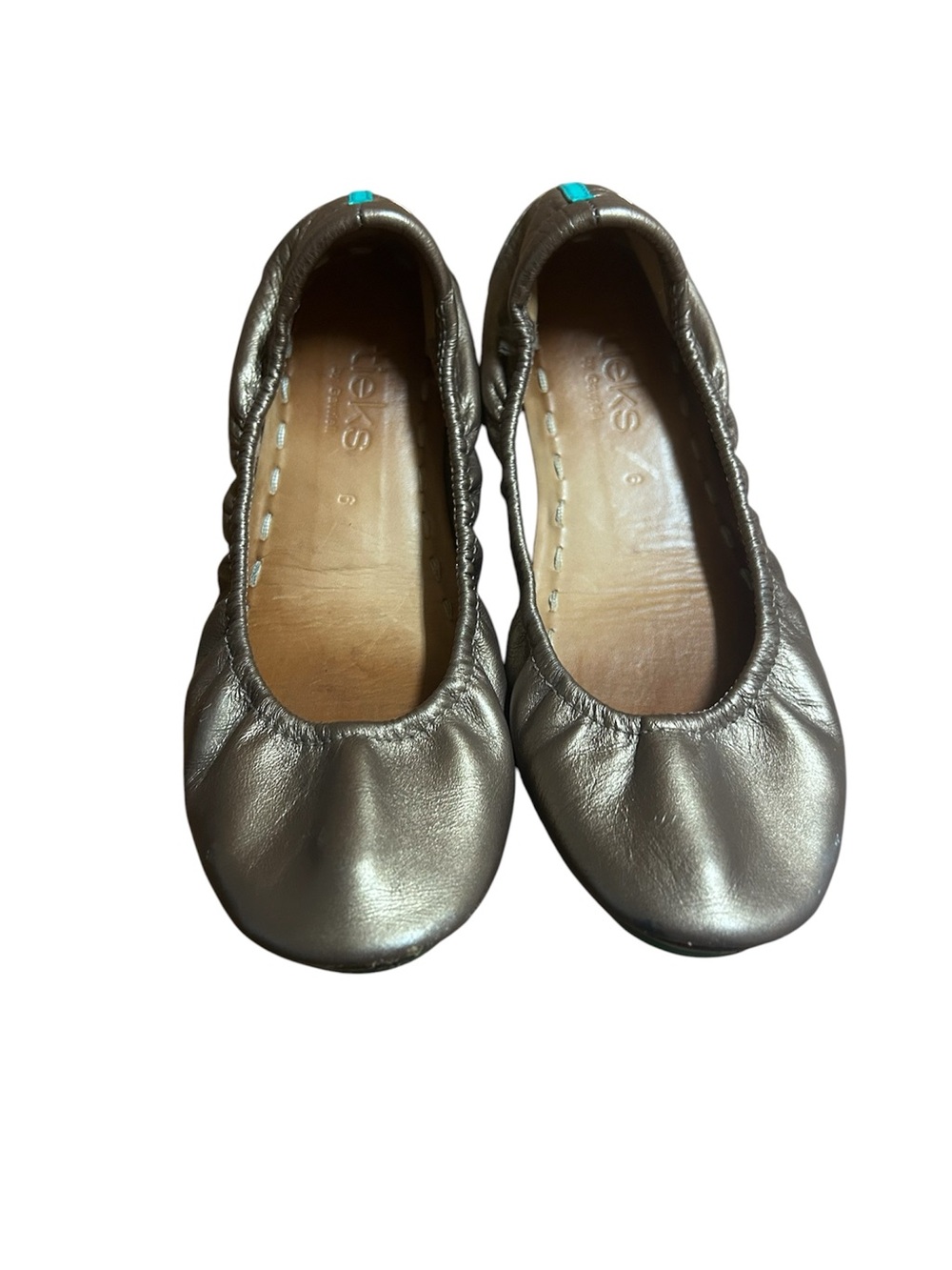 Tieks Metallic Bronze Leather Ballet Flats with Turquoise Tab